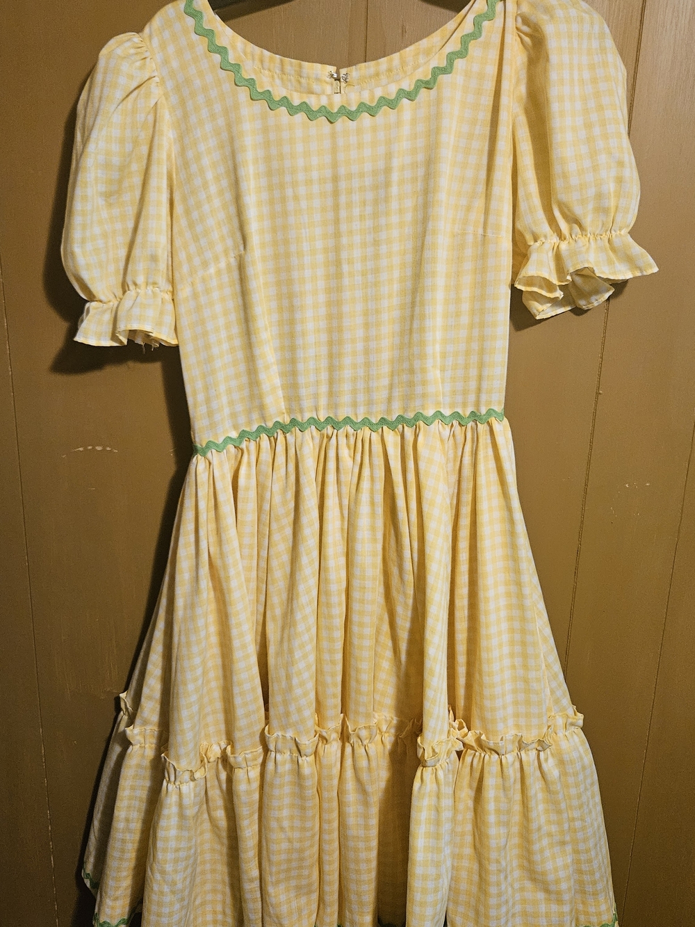 Vintage Womens Western Square Dancing Dress Yellow Gingham Dress with Green Trim